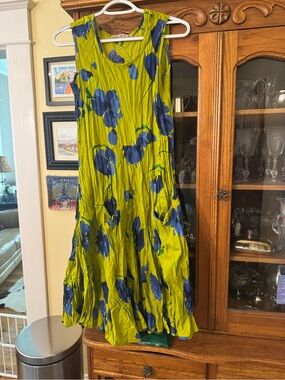 Sleeveless Lime Green Maxi Dress with Blue Floral Print